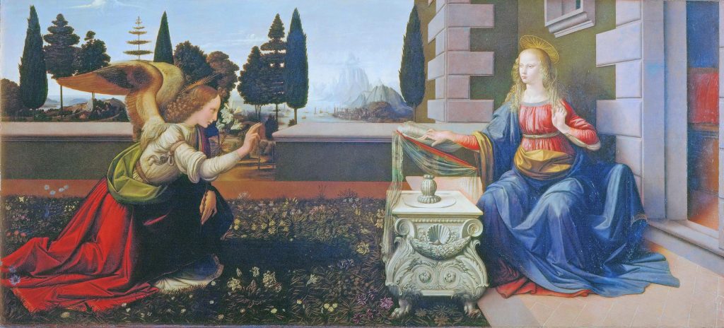 alt="L’Annunciazione di Leonardo da Vinci, capolavoro rinascimentale a olio e tempera su tavola con l’arcangelo Gabriele e la Vergine Maria, conservato alla Galleria degli Uffizi di Firenze"