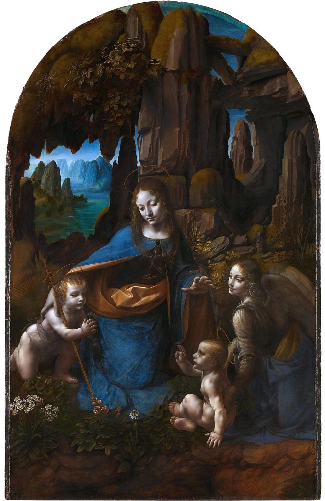 alt="La Vergine delle Rocce di Leonardo da Vinci, pala rinascimentale con Madonna, Bambino Gesù, san Giovanni Battista e un angelo, conservata al Louvre e alla National Gallery di Londra"