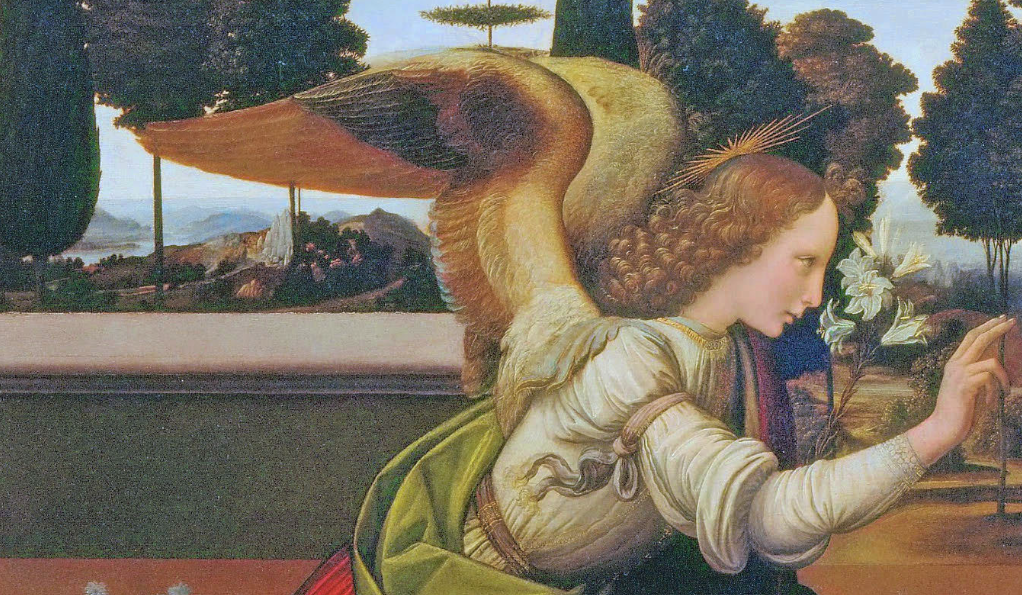 alt="L’Annunciazione di Leonardo da Vinci, capolavoro rinascimentale a olio e tempera su tavola. Le ali dell' angelo furono allungate in un secondo momento"