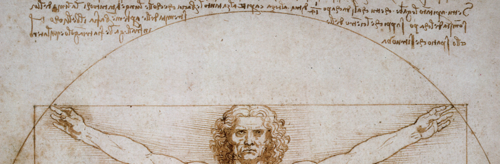alt="L’Uomo Vitruviano di Leonardo da Vinci, disegno con studi di proporzioni del corpo umano"